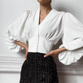 Spring Autumn Shirt Top Elastic Long Sleeve V-Neck Loose Blouse